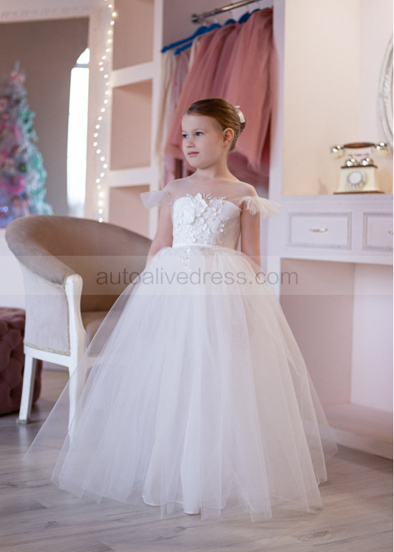 Feifei Sleeves Ivory Lace Tulle Flower Girl Dress